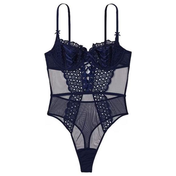New! Victoria’s Secret Ensign Navy Broderie Unlined Balcony teddy 4023 - Picture 1 of 9
